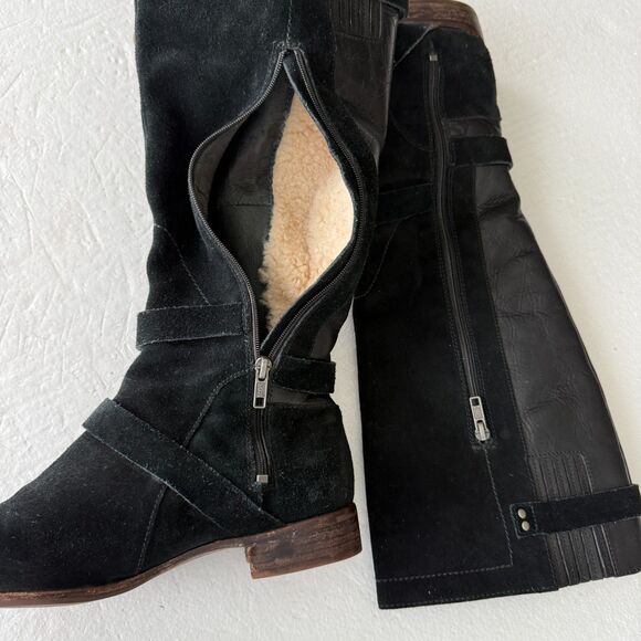 Size 9.5 - Ugg Cydnee Boots Black Leather Knee High Buckle Sheepskin Shearling - Picture 5 of 9